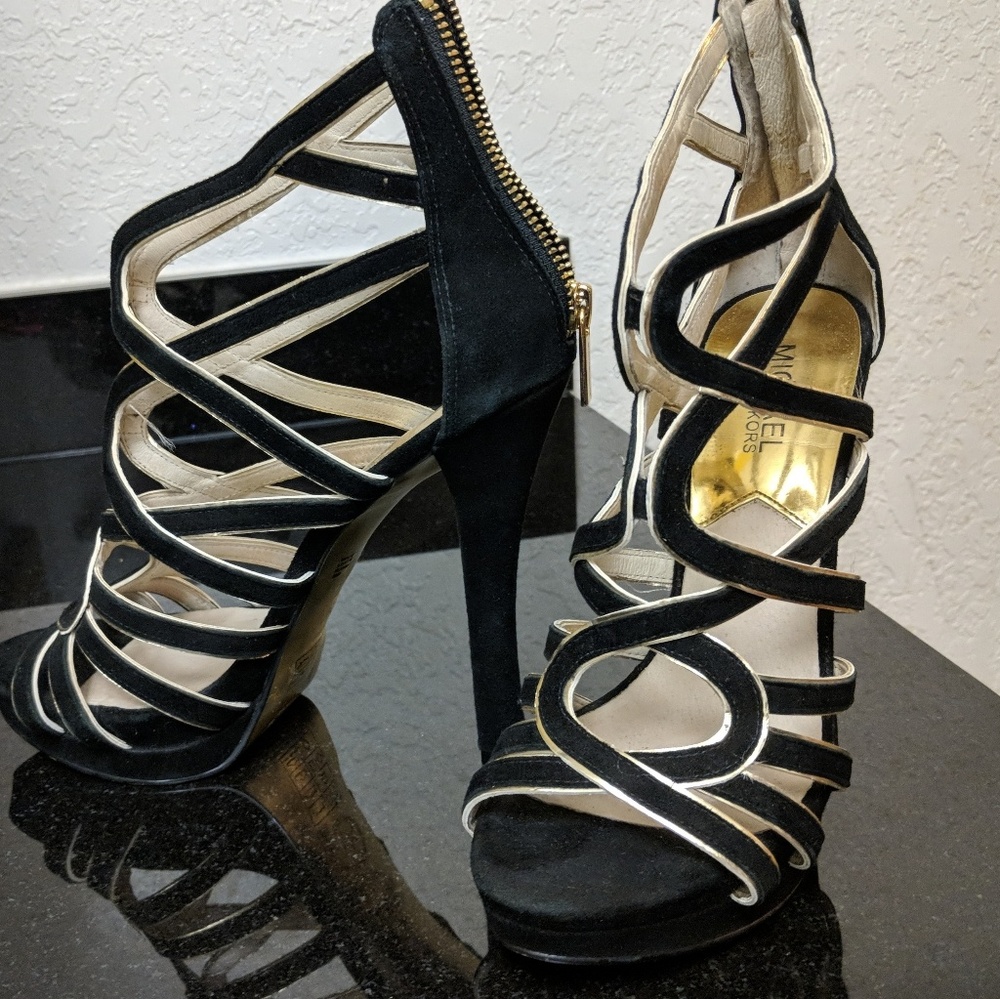 Michael Kors Stilettos Black Suede & Gold Leather